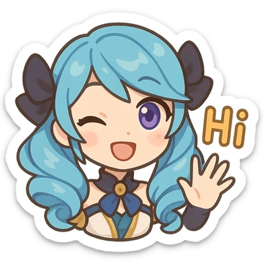 Gwen from League of Legends, chibi style, only head, hi emote, right eye purple, sample 2 sticker