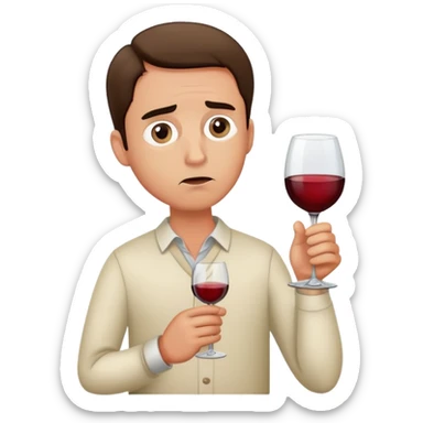 A nervous man holding a wine glass, looking worried and anxious sticker