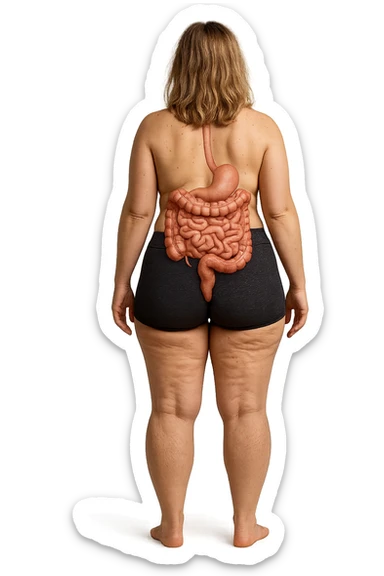 una donna di spalle a figura intera in gym shorts con cellulite e intestino umano anatomico, iperrealistica 4k
 sticker