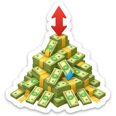 a pile of money with red arrow up sticker