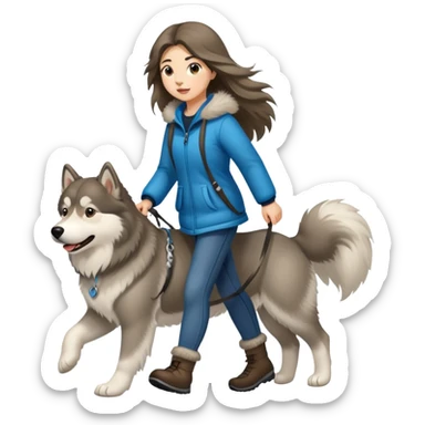 A long-haired girl walking an Alaskan dog sticker