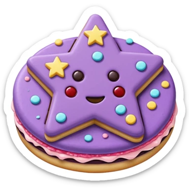 a pastel purple sandwich cookie with soft crumbly texture, a star-shaped jam cutout in the center showing glossy dark berry filling, and creamy filling with colorful sprinkles.  sticker