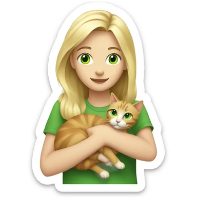 A blonde girl holds a cat with green eyes in her hands sticker