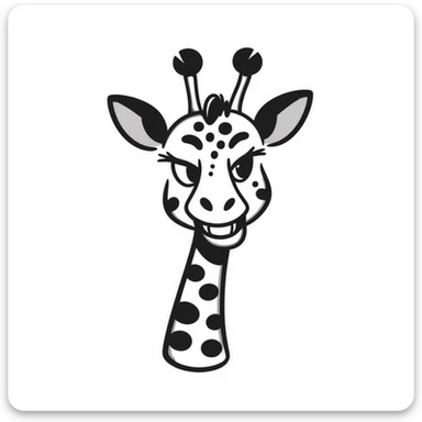 A scheming giraffe with narrow, gleaming eyes, a wide, toothy grin, and a menacing aura. Add a subtle shadow under the eyes for extra villainy. Perfect for 'troll' or 'evil laugh' emotes. sticker