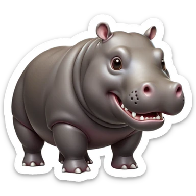 cinematic-hippo-realistic-full-body side view-standing on all fours-emoji,-massive-round-frame,-wide-mouthed-grin-exposing-huge-teeth,-head-tilted-dramatically,-thick-greyish-brown-hide-glossy-from-water,-simplified-yet-realistic-focused-features,-highly-detailed,-glowing-with-an-almost-sarcastic-glow showing only 4 theeth sticker