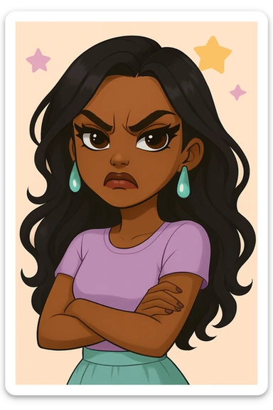 Change her expression to angry, keep her as a 20-year-old anime Bratz style woman with dark skin, dark hair, cute pastel Y2K look, big expressive eyes, and glossy lips. Maintain the anime Bratz style and the original look except for the angry expression. sticker