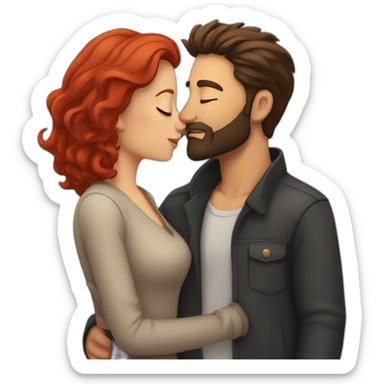 a bearded man with dark hair kissing a woman with red hair sticker