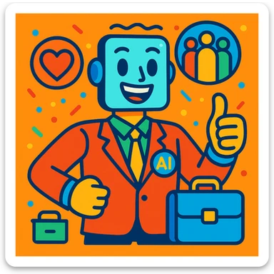 lächelnder humanoider KI-Mann mit HR-Symbolen wie Aktenmappe, Herz, Team, der Zuversicht und Unterstützung ausstrahlt, cartoonhafter, farbenfroher Stil für KI Mutmacher HR sticker