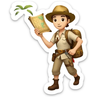 An icon featuring an adventurer in a dynamic action pose with treasure map, ancient ruins and jungle landscapes in the background. The design includes clues, hidden passages and climbing gear, symbolizing the thrill of exploration and discovery. Transparent background. sticker