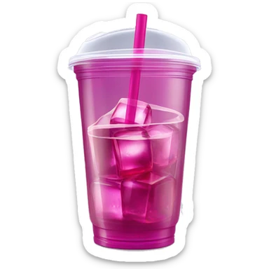Realistic plastic cup and lid with Transluscent magenta soda and large ice cubes inside and one straw through the top of the lid. sticker
