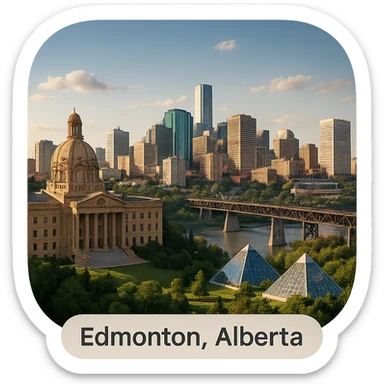 cinematic, realistic emoji of Edmonton, Alberta, featuring a skyline with iconic landmarks such as the Alberta Legislature Building, Muttart Conservatory, and the High Level Bridge, with lifelike detail, accurate colors, bright lighting, wide city view, fully transparent background sticker