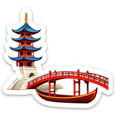 Hangzhou West Lake with traditional boat and bridge, simplified emoji style with bold outlines and bright colors, cartoon style pagoda by lake sticker