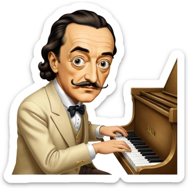 Salvador Dali with his iconic mustache playing a piano sticker