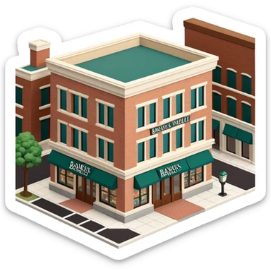 Barnes & Noble bookstore exterior, isometric dollhouse-style, realistic and detailed sticker
