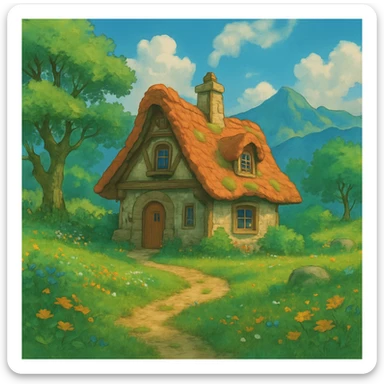 a cozy cottage in a magical landscape, ghibli style sticker