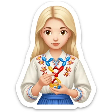 Ukrainian girl in traditional embroidered vyshyvanka shirt holding a DNA molecule in her hand sticker