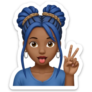 brown girl with dark blue dreads all in a bun with tongue out holding up middle finger sticker