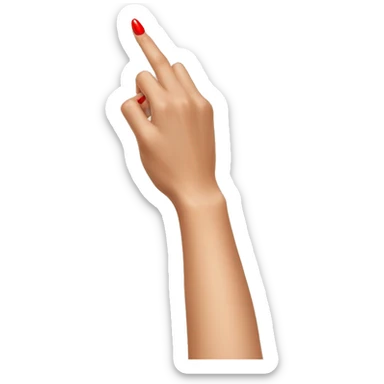 woman hand pointing index finger, red nail varnish. top of the hand is showing sticker