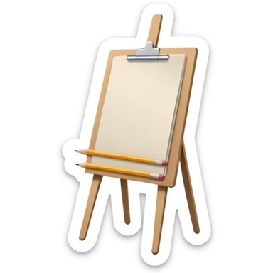 Minimalistic flat vector icon, iOS style, thin black contour on white background. Easel with a paper sheet and a pencil leaning against it. No text, no shadows sticker