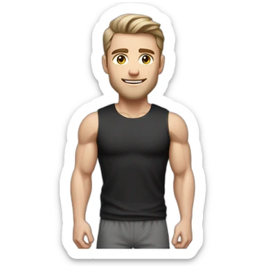 Pale skinned Fit Man With the biceps and dark brown hair in black shirt, gray sports shorts and white Sneakers His right hand near his back of the head sticker