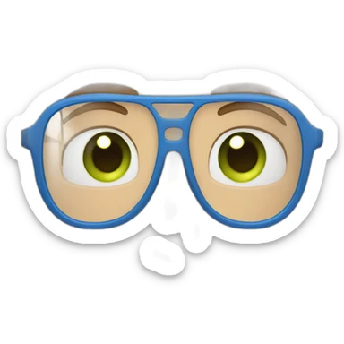 bald guy wearing glasses with a blue frame, green eyes sticker