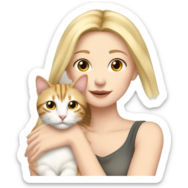 pretty woman with pale skin, very long blonde hair  hugging a tabby cat sticker