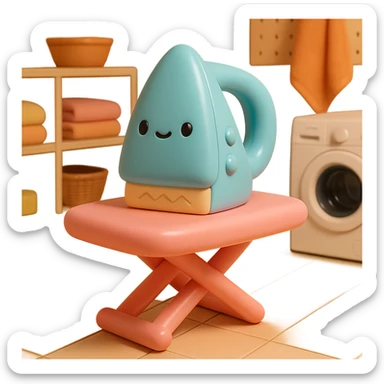 Place the vinyl figure style iron and ironing board in a cozy laundry room scene, with playful details and soft lighting, keeping the vinyl-figure look. sticker