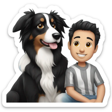 A family photo of a 30-year-old boy with very long black hair next to a black and white border collie sticker