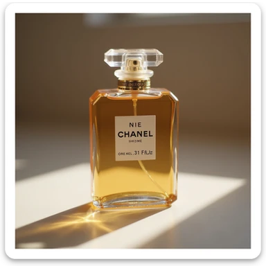 realistic Chanel perfume bottle with soft lighting, minimal background, photorealistic style sticker