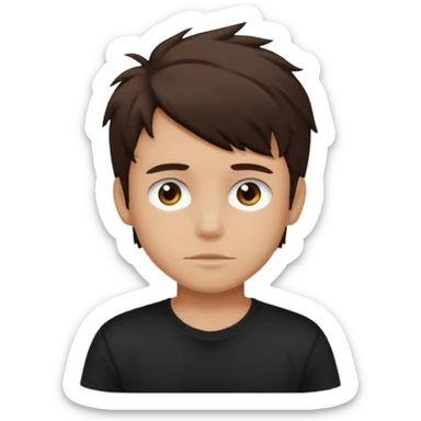 a light tan boy with messy dark brown hair. Wearing a black tshirt sticker