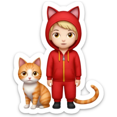There is a kid wearing all red. Next to him there is a cat that has a red cat outfit and the cat has yellow eyes sticker