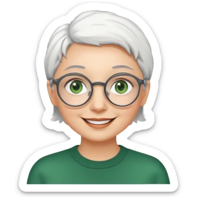 visage femme a lunettes ronde avec cheveux courts gris-blancs aux yeux verts qui souris sticker