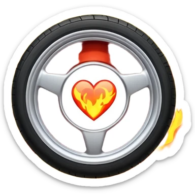 a car wheel on fire, and in the center of the wheel (instead of the car icon) there is a red flaming heart sticker