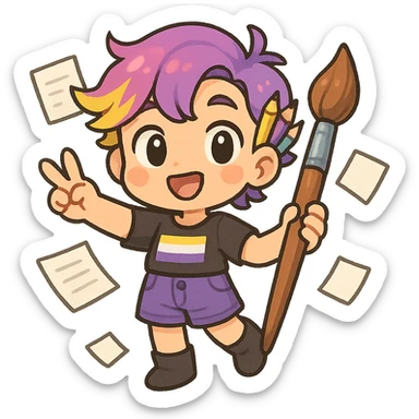whimsical non-binary cartoon character with sketchbook colorful accessories radiating playful professional energy sticker