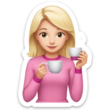 blonde girl with a sly smile, pink outfit, holding tea, gossiping sticker
