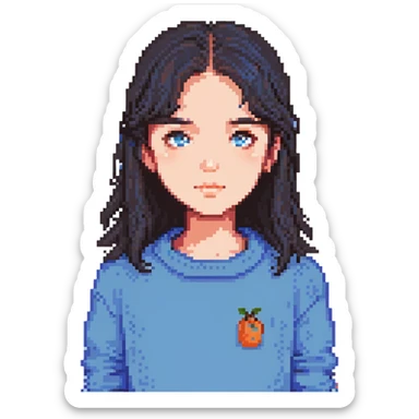 a girl with dark hair and a bluish sweater sticker