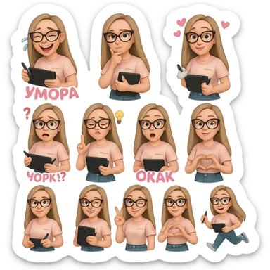 «Создай набор из 12 наклеек в стиле 3D cartoon  женского персонажа (30 лет выглядит моложе)  с прямыми светло русыми волосами ниже лопаток, светлой кожей, большими выразительными голубыми глазами, черные очки для зрения формы кошачий глаз, нос чуть с горбинкой.
Персонаж должен носить пастельную розово-бежевую тай дай футболку с вышивкой @ByUnicorn, голубые джинсы фасона мом, персонаж должен иметь разные выражения: смех до слез и подпись внизу пастельно-розовым текстом УМОРА, задумчивость, влюбленность (с сердцами вокруг головы), злость с паром из носа и подписью внизу пастельно розовым текстом ТИЛЬТ, растерянность (со знаком вопроса) и подпись пастельно-розовым текстом ЧОРИЛ?, наличие идеи (с зажженной лампочкой), плач со слезами из глаз, удивление с открытым ртом и подписью пастельно розовым текстом ОКАК, улыбка и  подмигивание, знак мира рукой, создание сердца руками, бегство со всех ног. Размер картинки не ограниченный, чтобы все наклейки вместились без обрезки. Стиль мультяшный  DreamWorks, мягкий свет, прозрачный фон, и добавь персонажу в руки графический планшет следи чтобы выглядело органично, красиво, не нарушая законы природы и физики, можешь добавить в другую руку перо от графического планшета, если это будет позволять смысл стикера» sticker