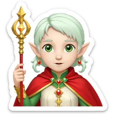 an elf with very white hair and two  pigtails on the side of her head, she has a curtain bang, green eyes, she has a white cape with golden borders and a scepter with a red orb, she has earrings that look like red drops sticker