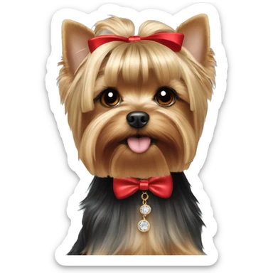 Yorkie face with red bow on hair on top of head and a necklace that says Prada sticker