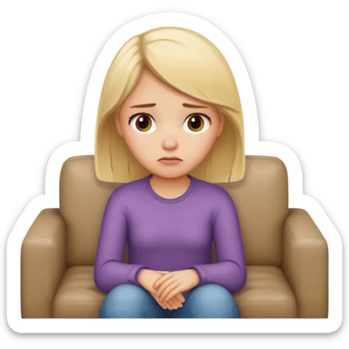 A young blond wowan sittingvon the couch and having the blues sticker