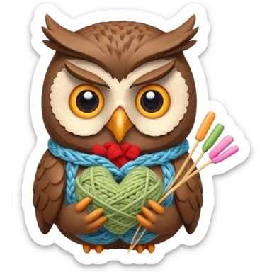 knitting owl portrait, head and shoulders only, cute owl holding knitting needles and yarn, cozy expression, warm handmade vibe, soft feathers, 3D cartoon style, mobile game icon style, clean background, no text, no watermark
 sticker