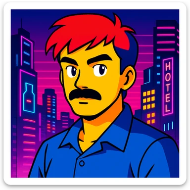 Add a neon city background, keep the 90's anime style and all original colors and lighting sticker