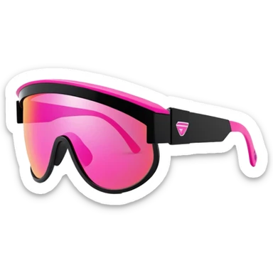 sporty neon pink shield visor sunglasses with thick black frame and integrated elastic strap, oversized one-piece mirrored lens, extremely durable design sticker