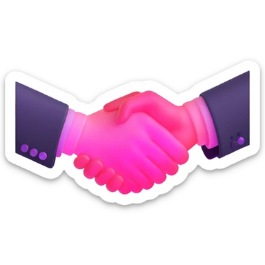 handshake, transparent glass with bright pink gradient from #FF335F to #FF99AA, soft glow and shadows, minimalistic sticker