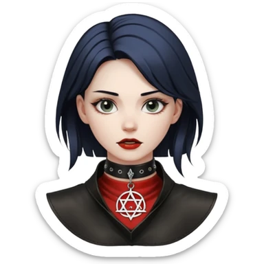 Leather choker with sigil around woman’s neck, pulse visible, dominance tone sticker