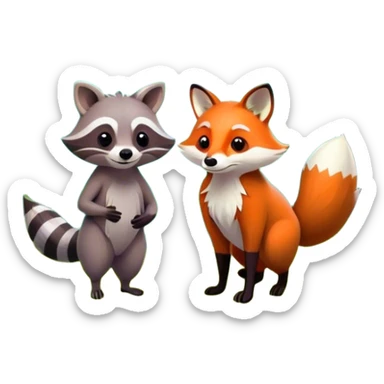 raccoon and a fox in a colorful forest with vibrant green trees, bushes and flowers. The animals are in the foreground, surrounded by a lush, bright forest, with soft sunlight filtering through the leaves. A playful and wild scene with a transparent background. sticker