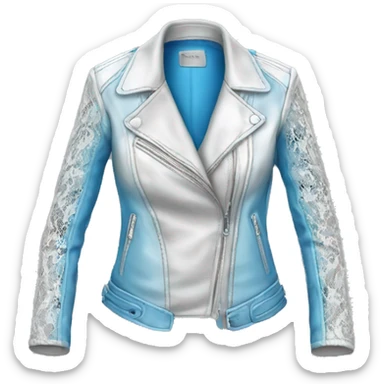 Realistic isolated open womens silver to white ombre leather jacket with sky blue lace. sticker