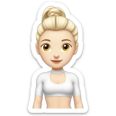 Pale skinned fit woman In a white tight yoga suit With ash blonde hair in a ponytail and gray eyes doing yoga sticker