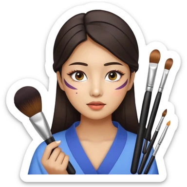 Korean woman applying makeup with various makeup tools, natural expression, bright lighting sticker