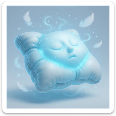 magical ethereal pillow glowing with icy blue and silver light, surrounded by floating feathers and sparkling mist, frosty aura and gentle energy waves cradling a sleeping head evoking enchanted pain-free sleep under stars sticker